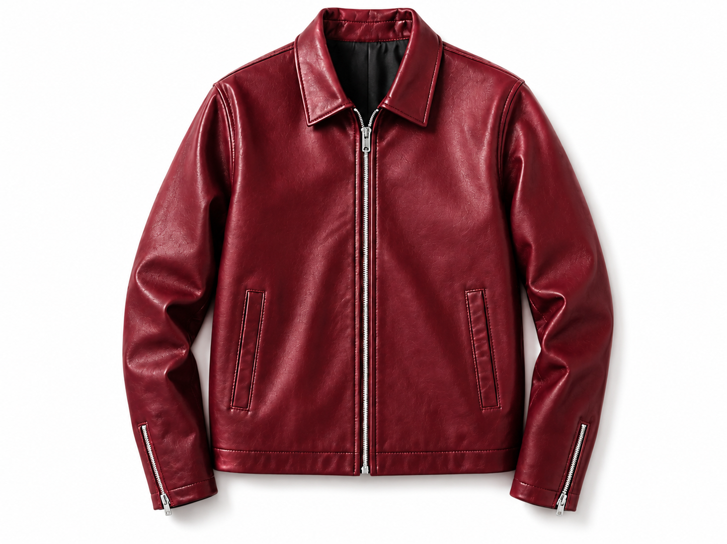 Burgundy Faux Leather Jacket – Oversized Zip-Up Streetwear Jacket