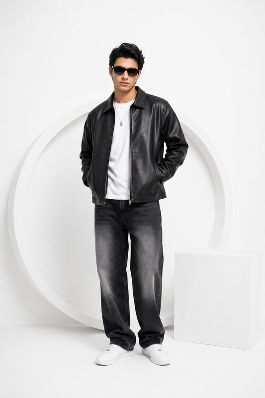 Black Faux Leather Jacket – Classic Zip-Up Streetwear Jacket
