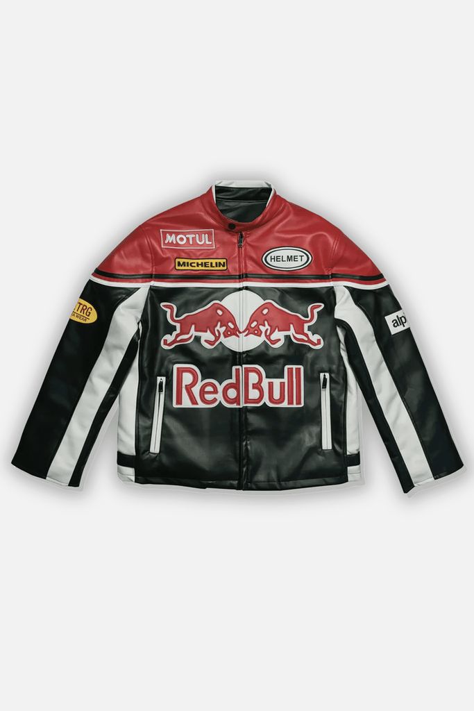 Red Bull Racing Inspired Leather Jacket – Red, Black & White Motorsport Streetwear