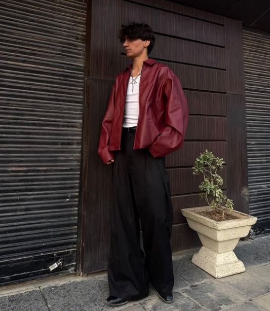 Burgundy Faux Leather Jacket – Oversized Zip-Up Streetwear Jacket