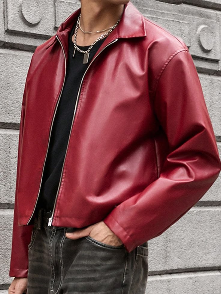 Burgundy Faux Leather Jacket – Oversized Zip-Up Streetwear Jacket