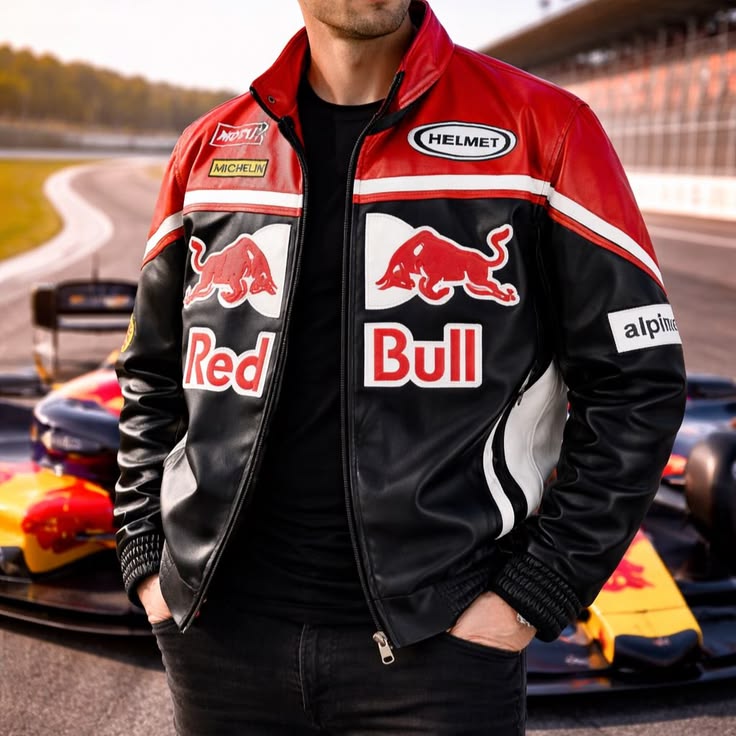 Red Bull Racing Inspired Leather Jacket – Red, Black & White Motorsport Streetwear