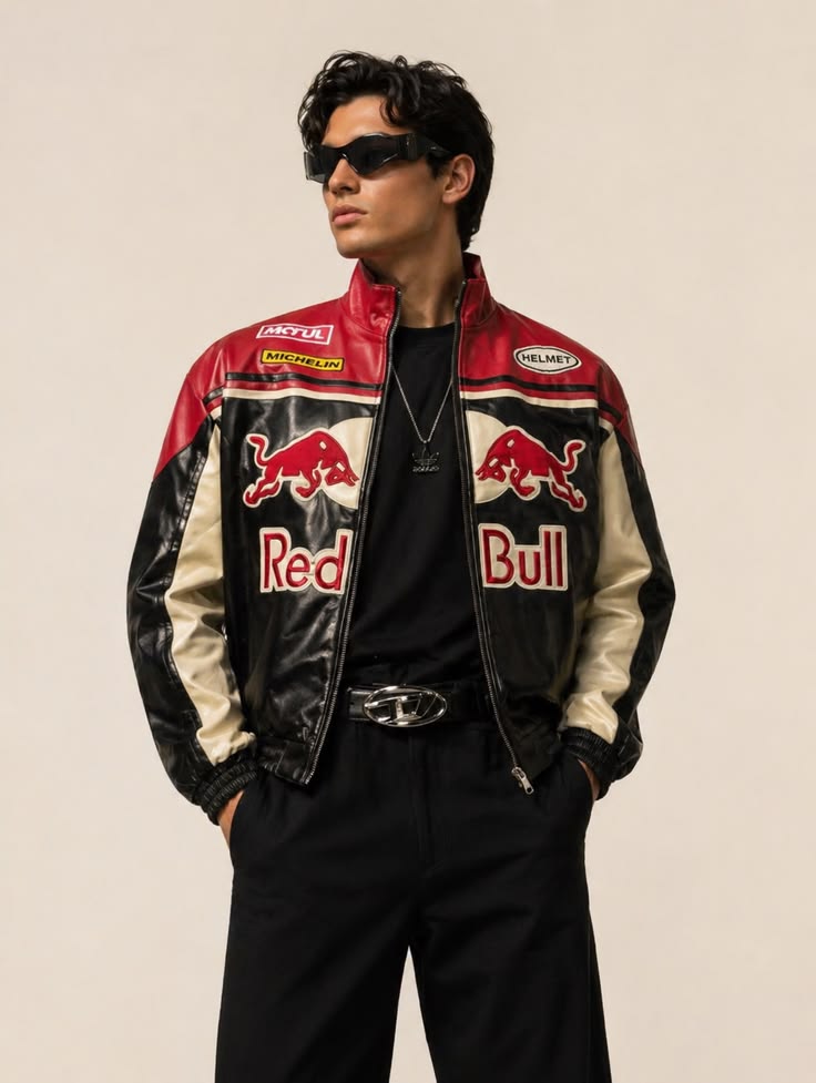 Red Bull Racing Inspired Leather Jacket – Red, Black & White Motorsport Streetwear
