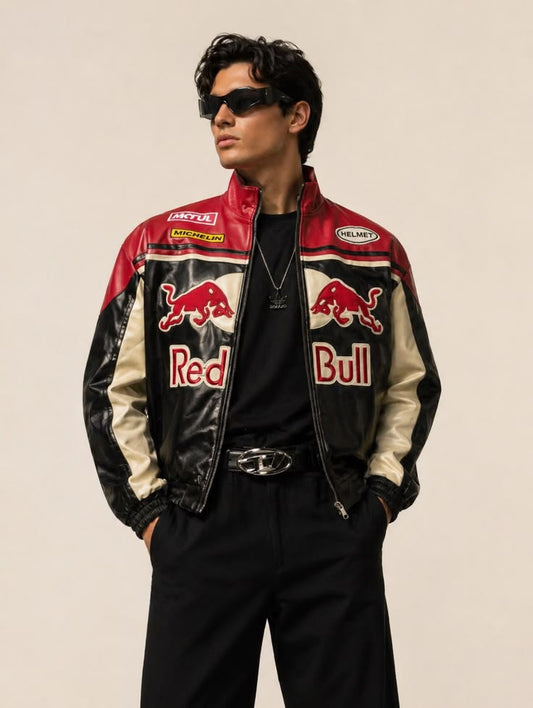 Red Bull Racing Inspired Leather Jacket – Red, Black & White Motorsport Streetwear