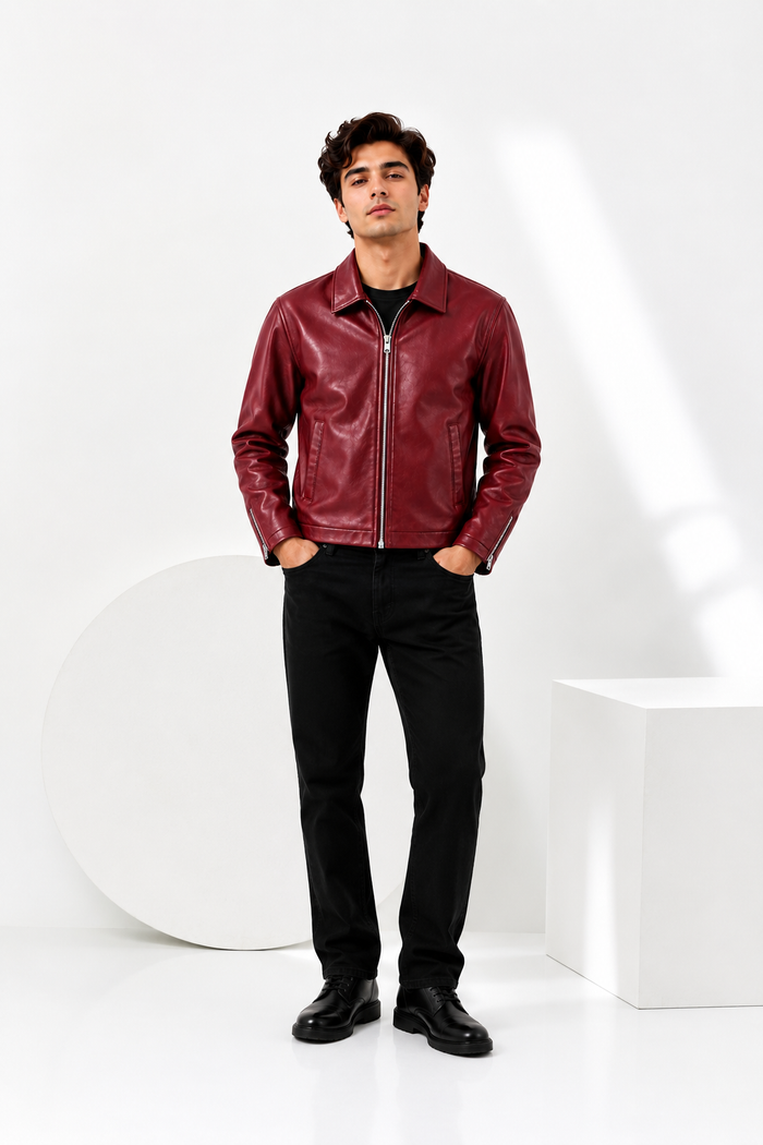 Burgundy Faux Leather Jacket – Oversized Zip-Up Streetwear Jacket