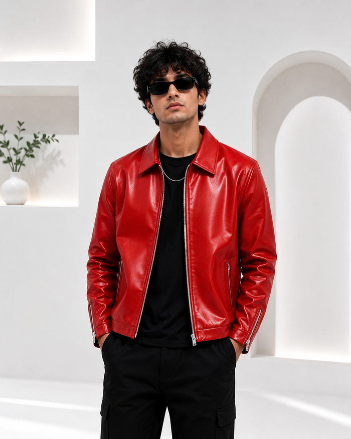 Men's Classic Red  Leather Zip-Up Jacket