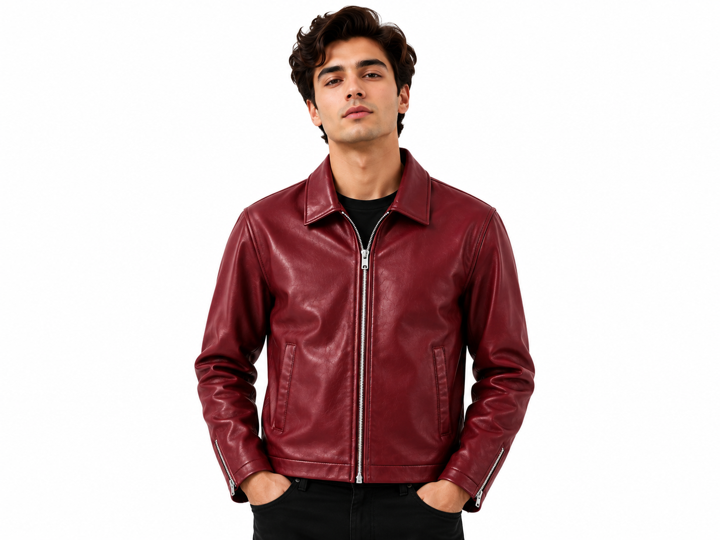 Burgundy Faux Leather Jacket – Oversized Zip-Up Streetwear Jacket