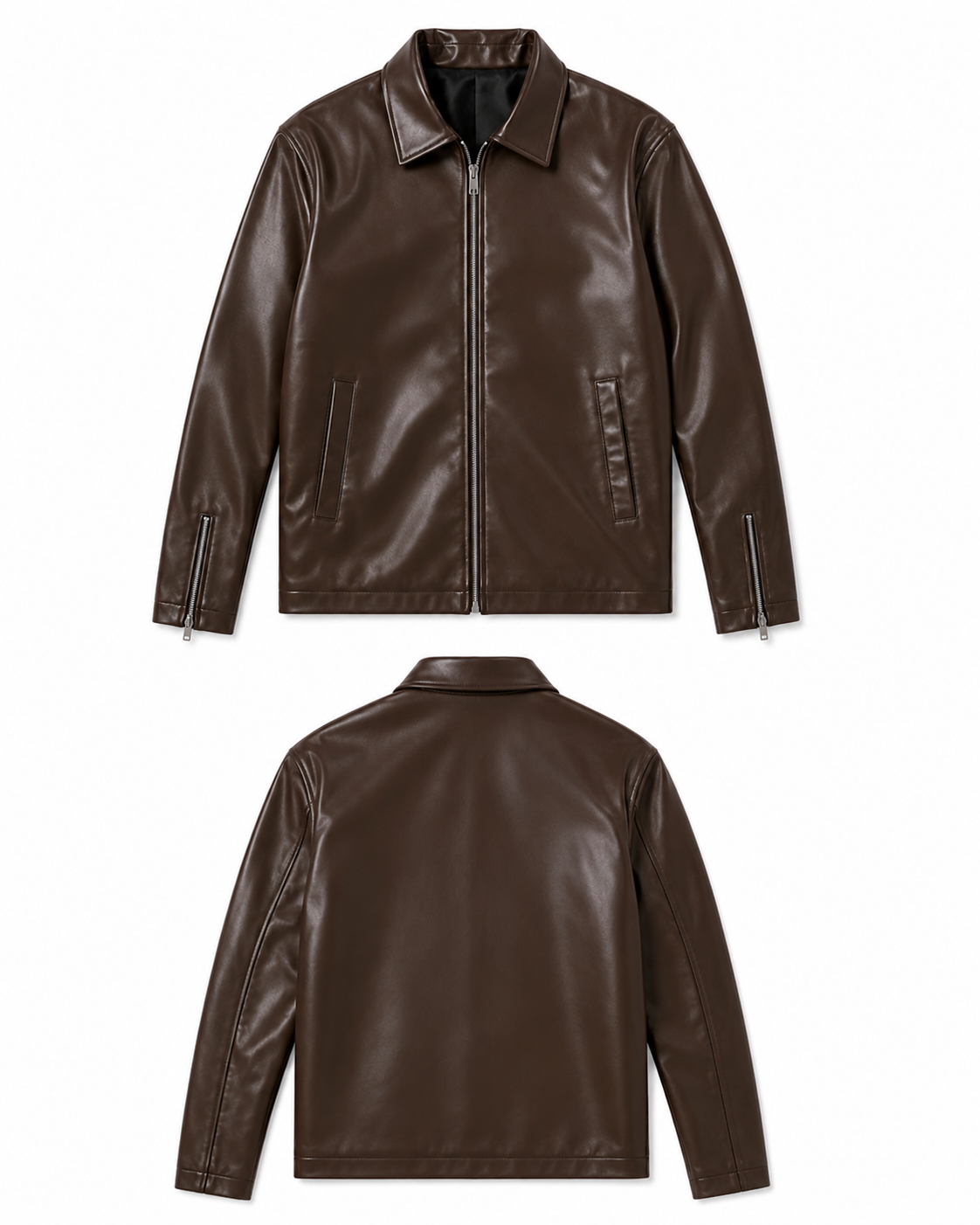 Men's Brown Faux Leather Zip-Up Jacket | Classic Regular Fit