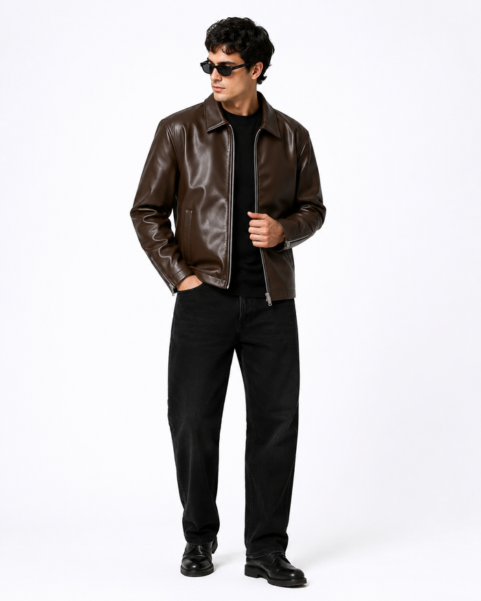 Men's Brown Faux Leather Zip-Up Jacket | Classic Regular Fit