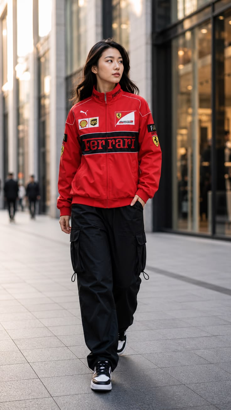 🏎️ Red Ferrari printed  Racing Jacket – Motorsport Inspired Streetwear
